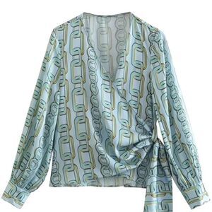 Xi Xi Women Asymmetric V Neck Blue Chain Print Long Sleeve Blouse Size M